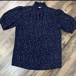 Astor One 70s Vintage Women‎ Sheer Mock Neck Blue Sprinkle Ruffle Blouse- Size 8